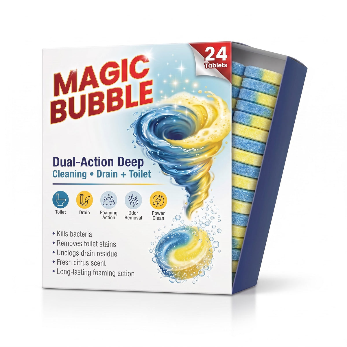 Magic Bubble box open showing tablets inside