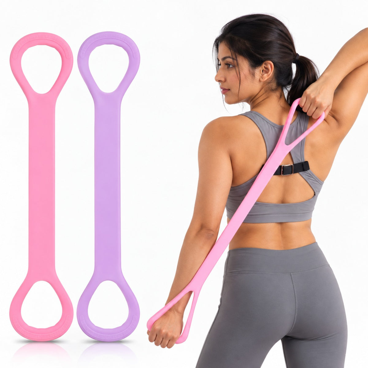 Indian woman demonstrating pink Figure 8 resistance band with pink and lavender bands