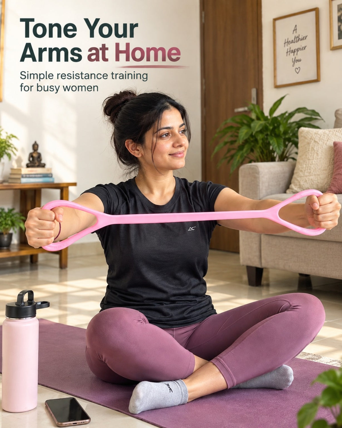 Woman using pink Figure 8 resistance band for arm training at home