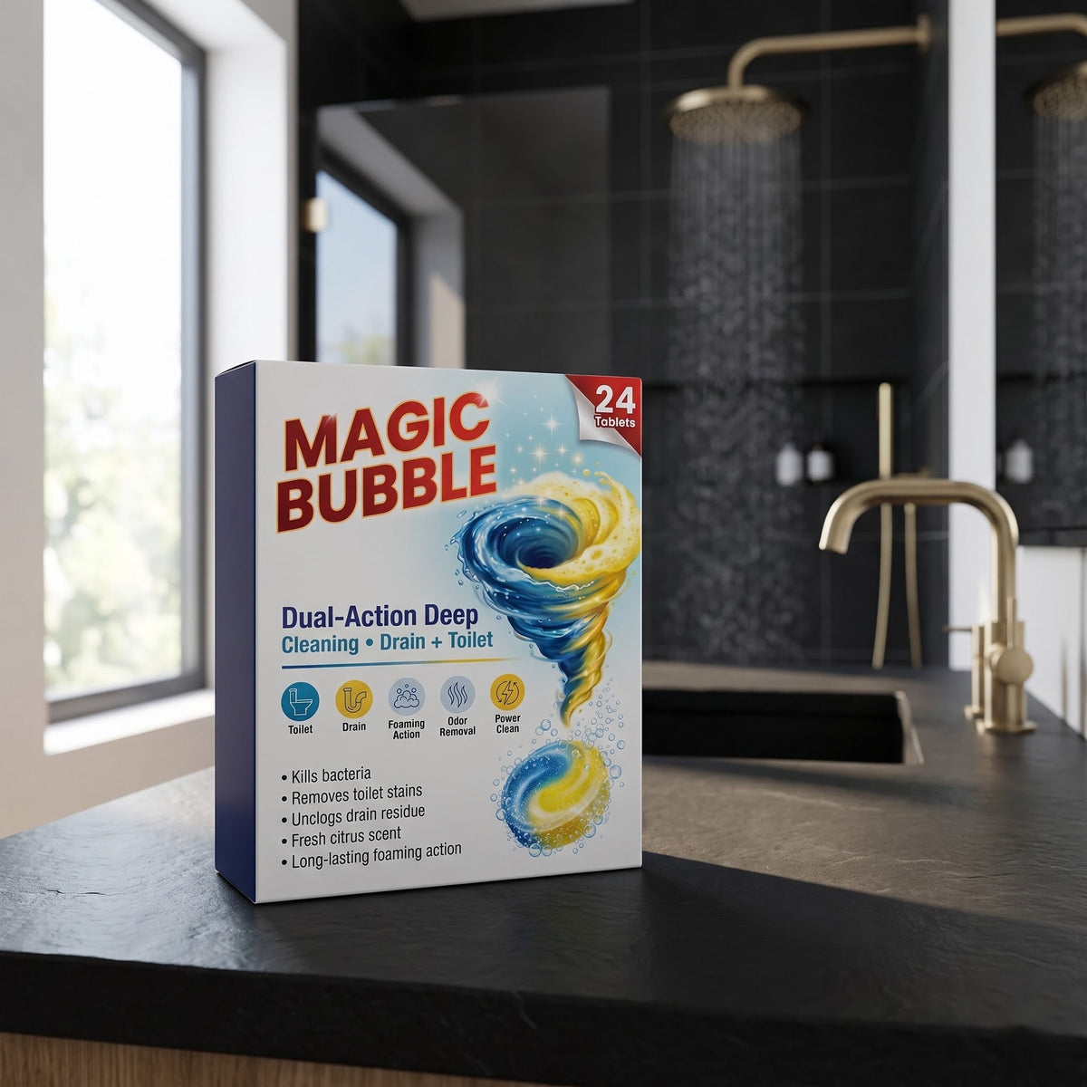 Magic Bubble box in modern dark bathroom