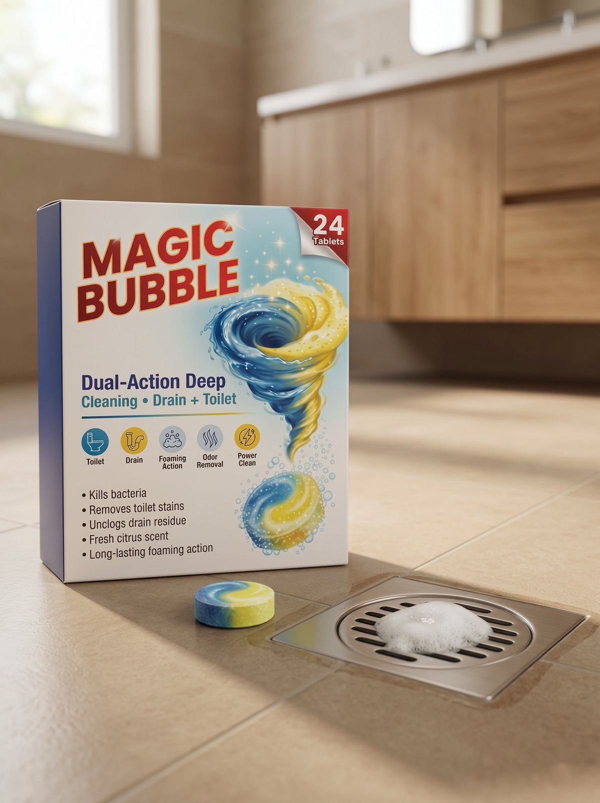 Magic Bubble box on bathroom vanity counter