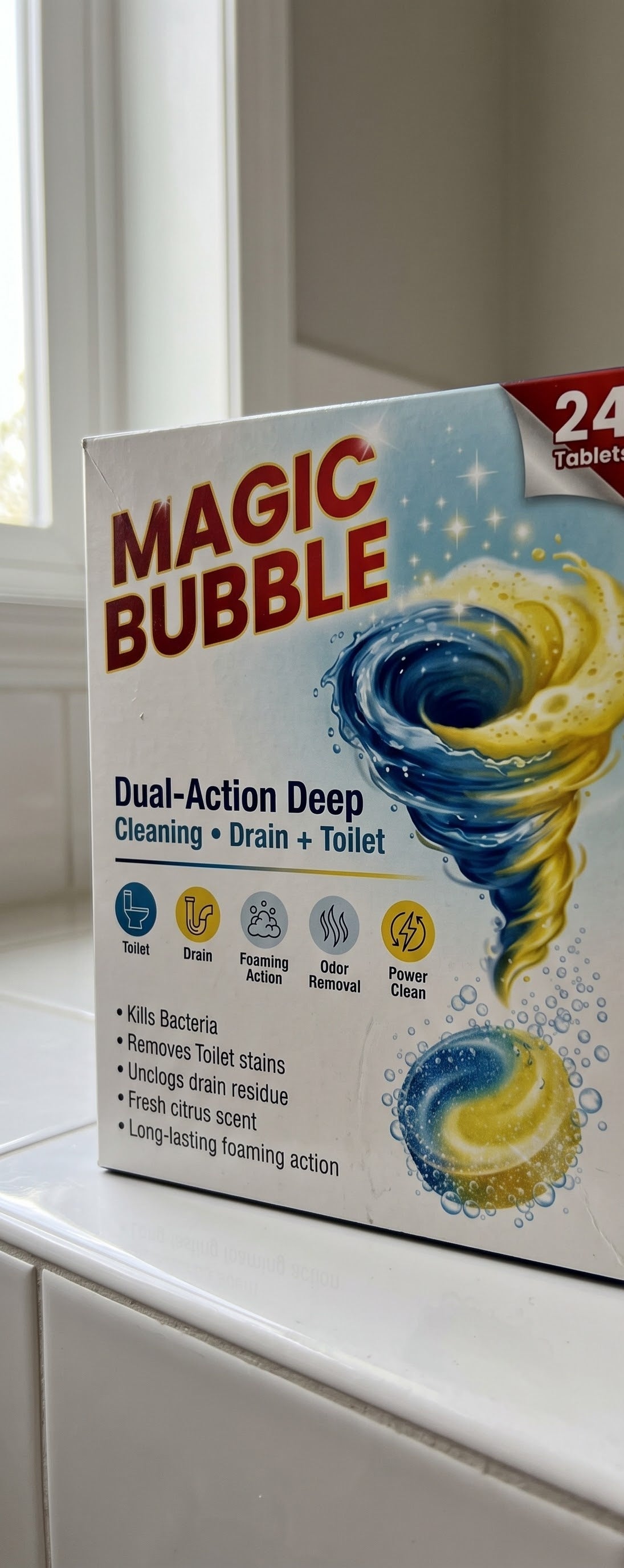 Magic Bubble box on bathroom counter