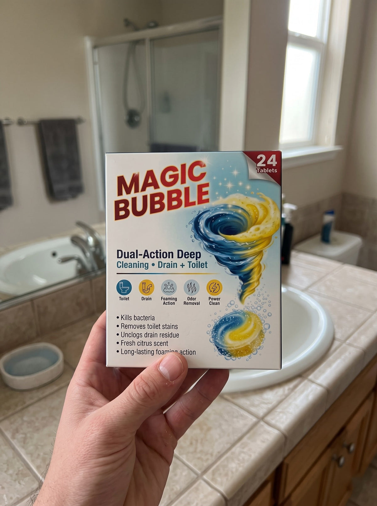 Hand holding Magic Bubble box in bathroom