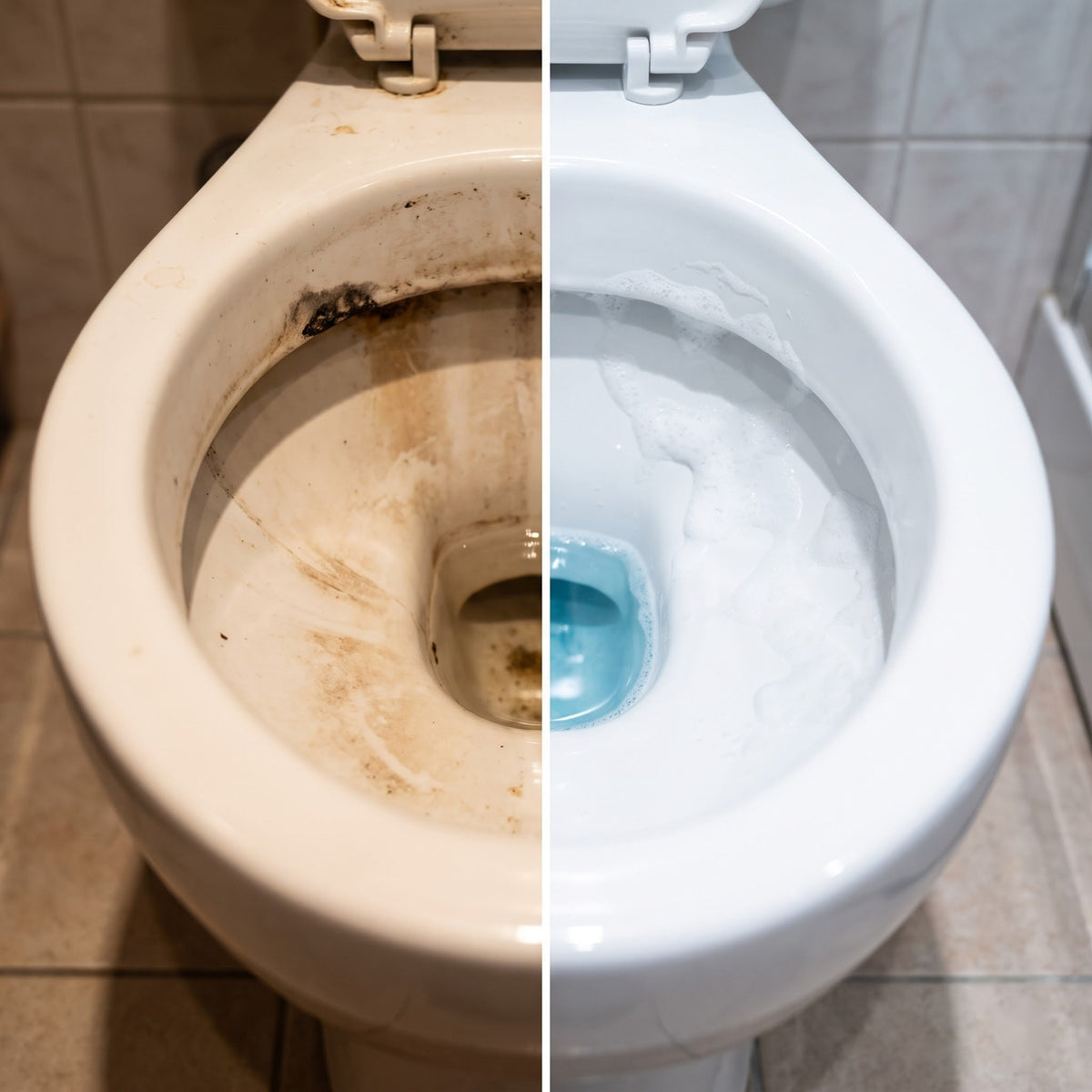 Before and after toilet bowl cleaning comparison